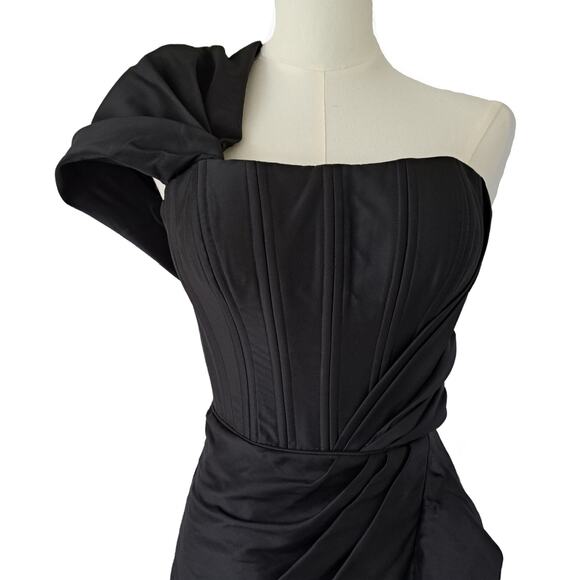 NEW TARIK EDIZ Black Merla Formal Dress Size 4 One Shoulder Ruffle Hem Corset - Picture 3 of 13